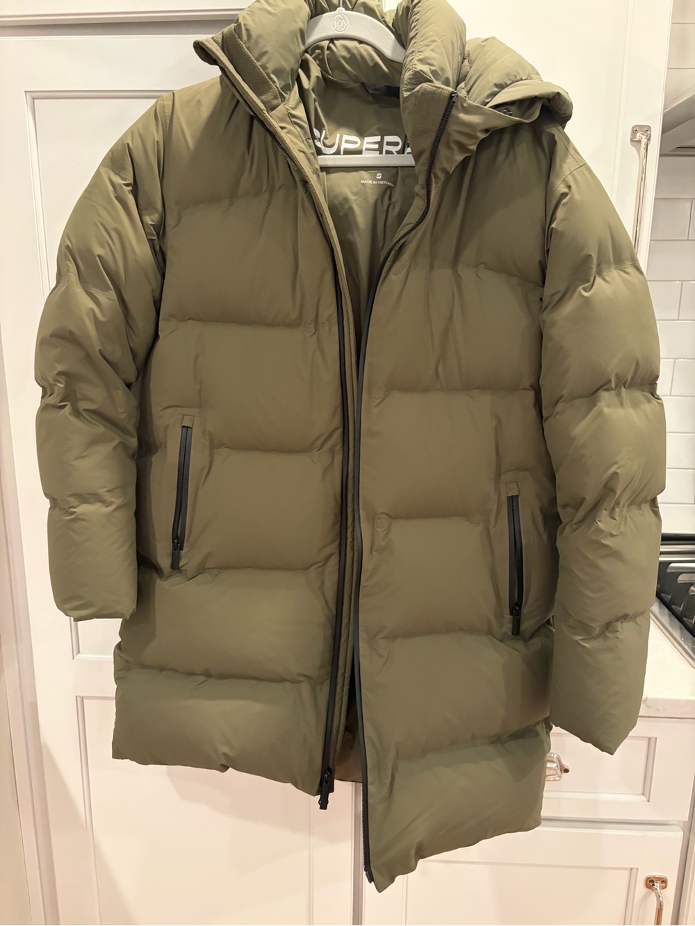Aritzia Super Puff Womenβs Olive Green Quilted Puffer Coat with Hood